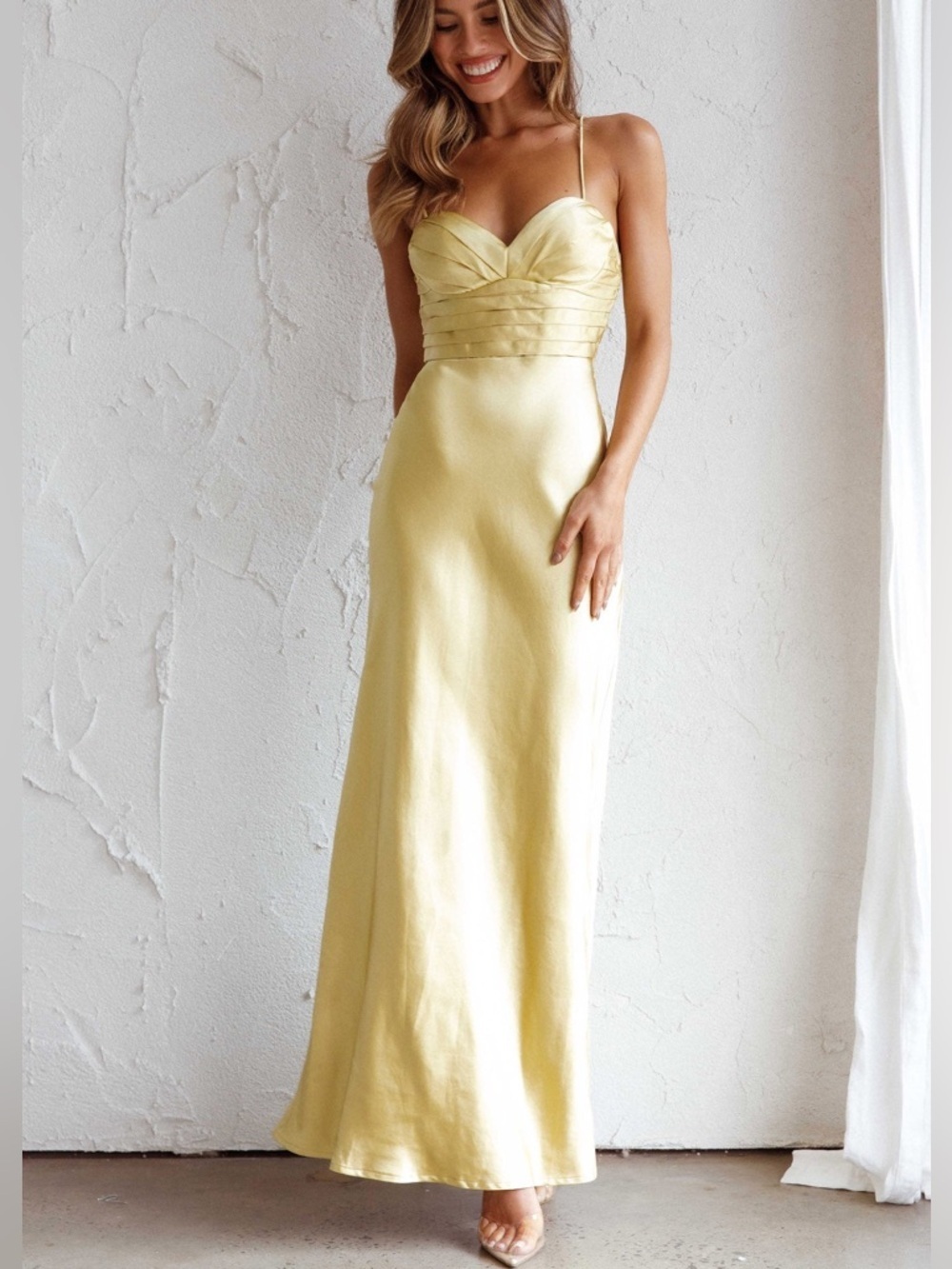 Here Comes The Sun Azara Pintuck Bodice Camisole Maxi Dress Yellow Size XL NEW